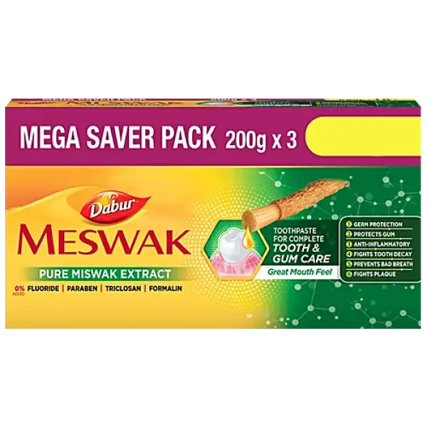 Dabur Meswak Toothpaste - For Complete Gum Care, Paraben & Fluoride Free, 200 g (Pack of 3)