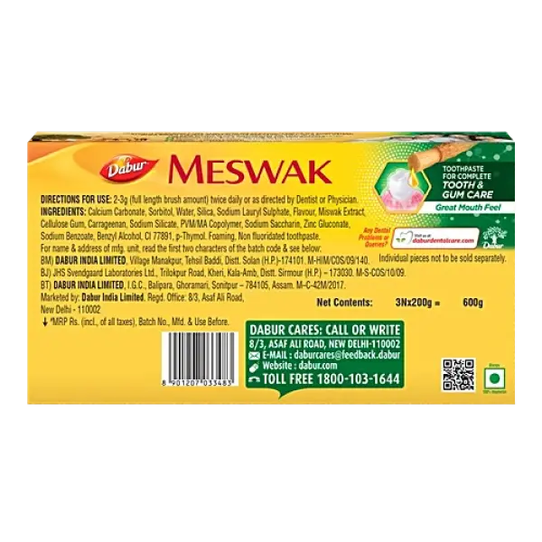 Dabur Meswak Toothpaste - For Complete Gum Care, Paraben & Fluoride Free, 200 g (Pack of 3)