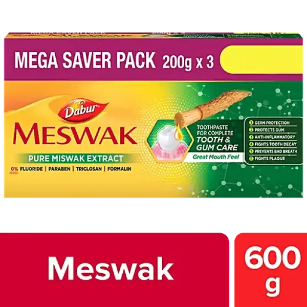 Dabur Meswak Toothpaste - For Complete Gum Care, Paraben & Fluoride Free, 200 g (Pack of 3)